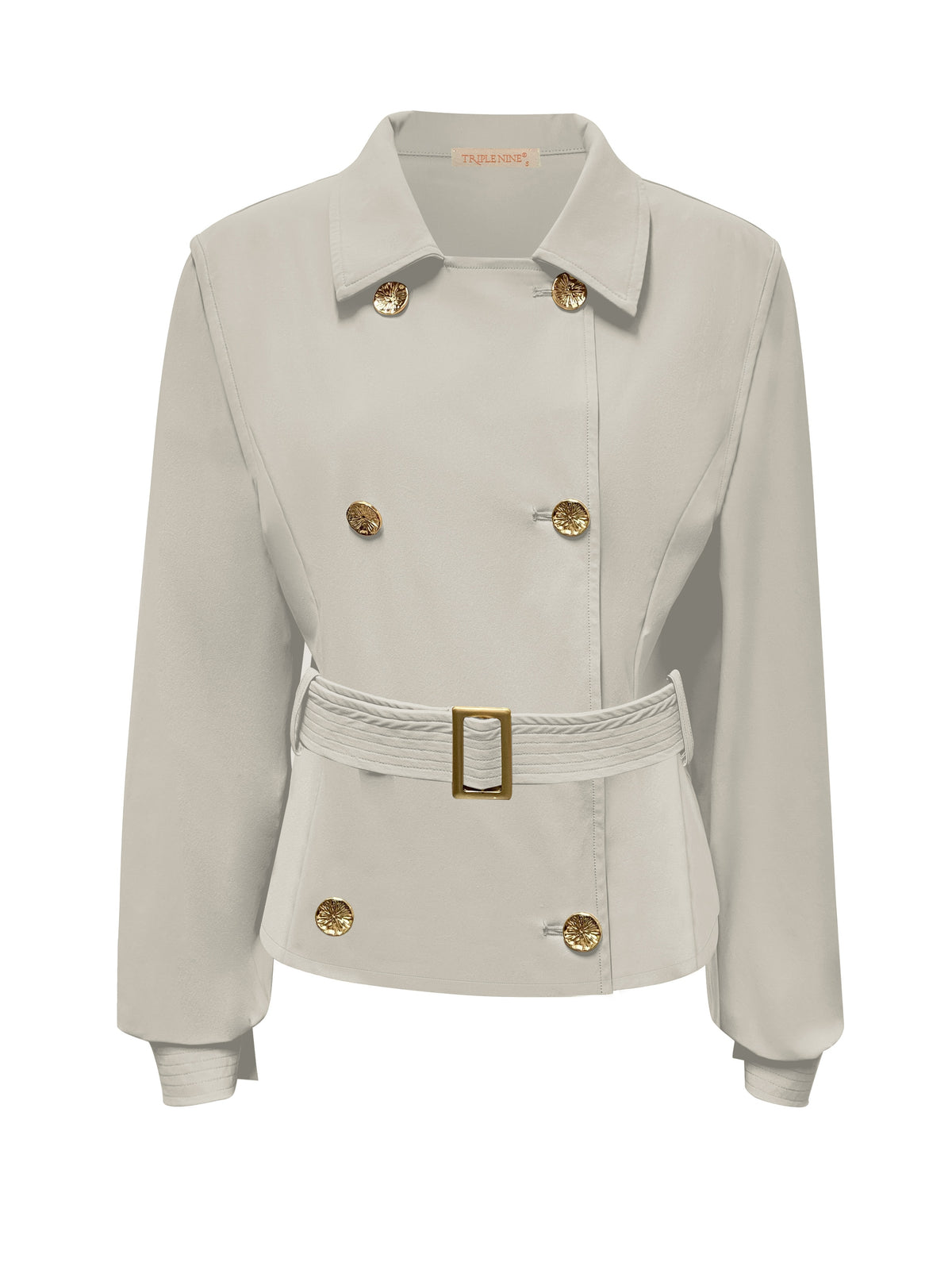 Triple Nine JA92414 beige travel trench jacket met goudkleurige knopen en ceintuur, voorzijde