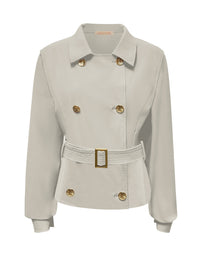 Triple Nine JA92414 beige travel trench jacket met goudkleurige knopen en ceintuur, voorzijde