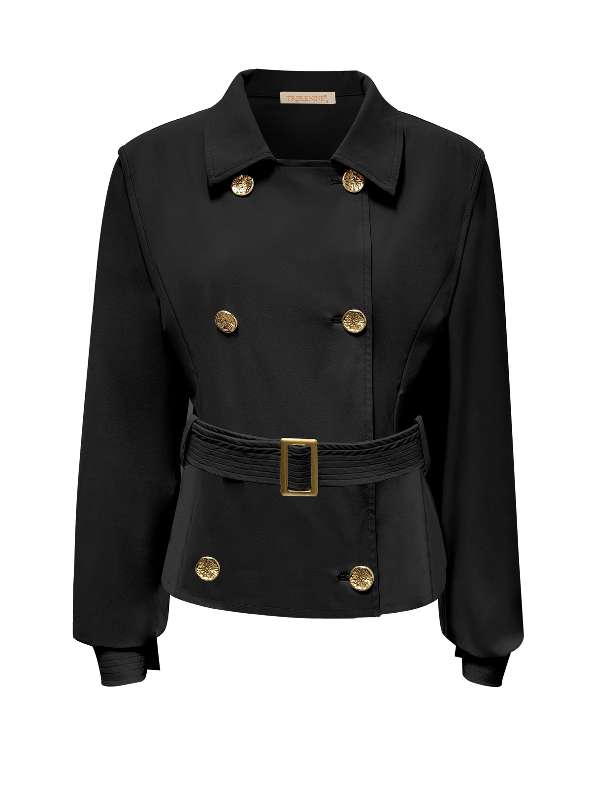 Triple Nine JA92414 zwart travel trench jacket met goudkleurige knopen en ceintuur, voorzijde