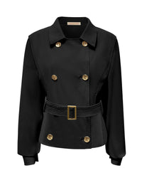Triple Nine JA92414 zwart travel trench jacket met goudkleurige knopen en ceintuur, voorzijde