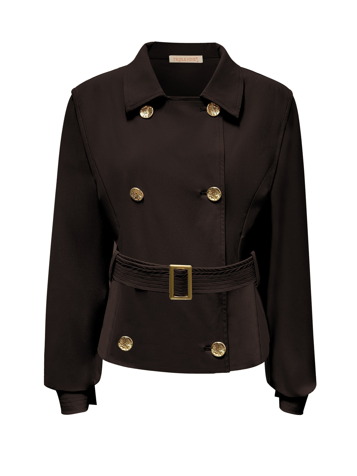 Triple Nine JA92414 donkerbruine travel trench Jacket met goudkleurige knopen en ceintuur, voorzijde