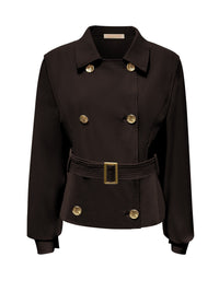 Triple Nine JA92414 donkerbruine travel trench Jacket met goudkleurige knopen en ceintuur, voorzijde