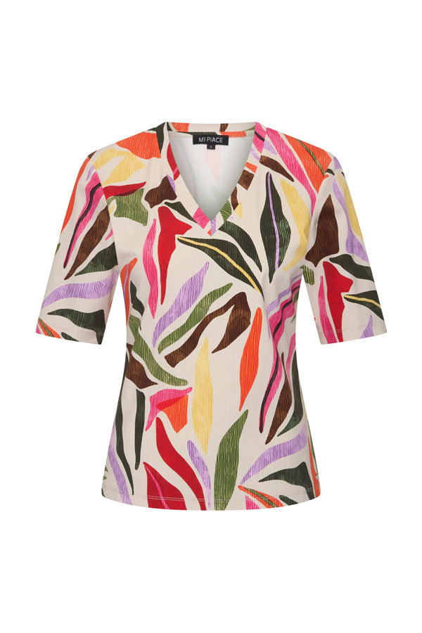 Mi Piace T-shirt V-hals Sommerblad Dans Print Off White MP202271SDPT