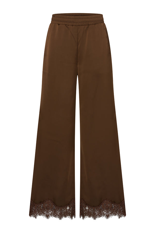 Mi Piace MP202907 broek Chestnut met wijde pijpen en kanten zoom, voorzijde