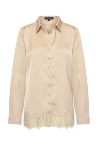 Mi Piace blouse Sand MP202909, voorzijde met knoopsluiting en kanten zoom