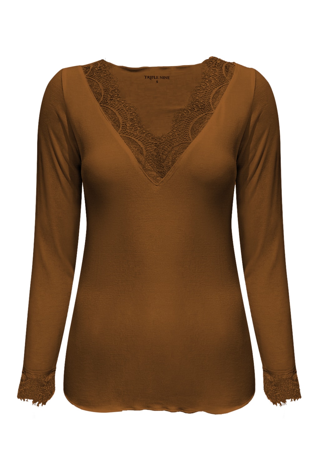 Triple Nine TR9003 Top Cashmere met Kanten V-hals Caramel - voorkant