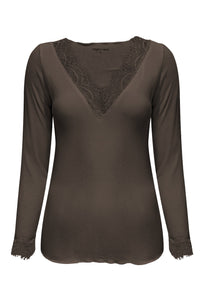 TR9003 Top cashmere with lace v neck Truffle Taupe
