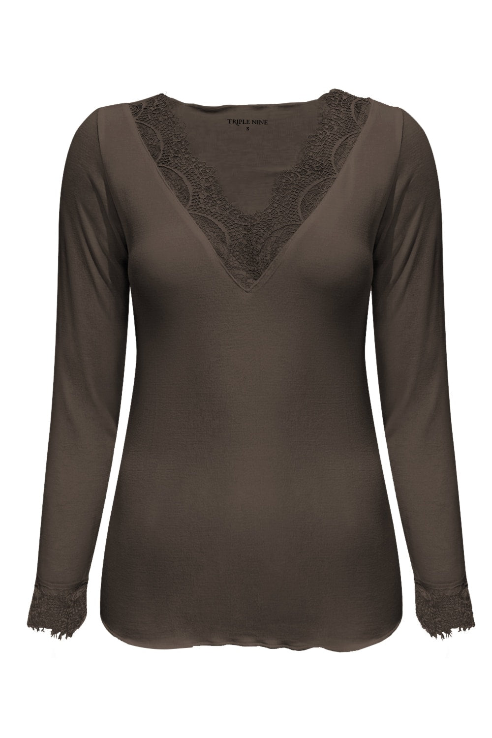 TR9003 Top cashmere with lace v neck Truffle Taupe