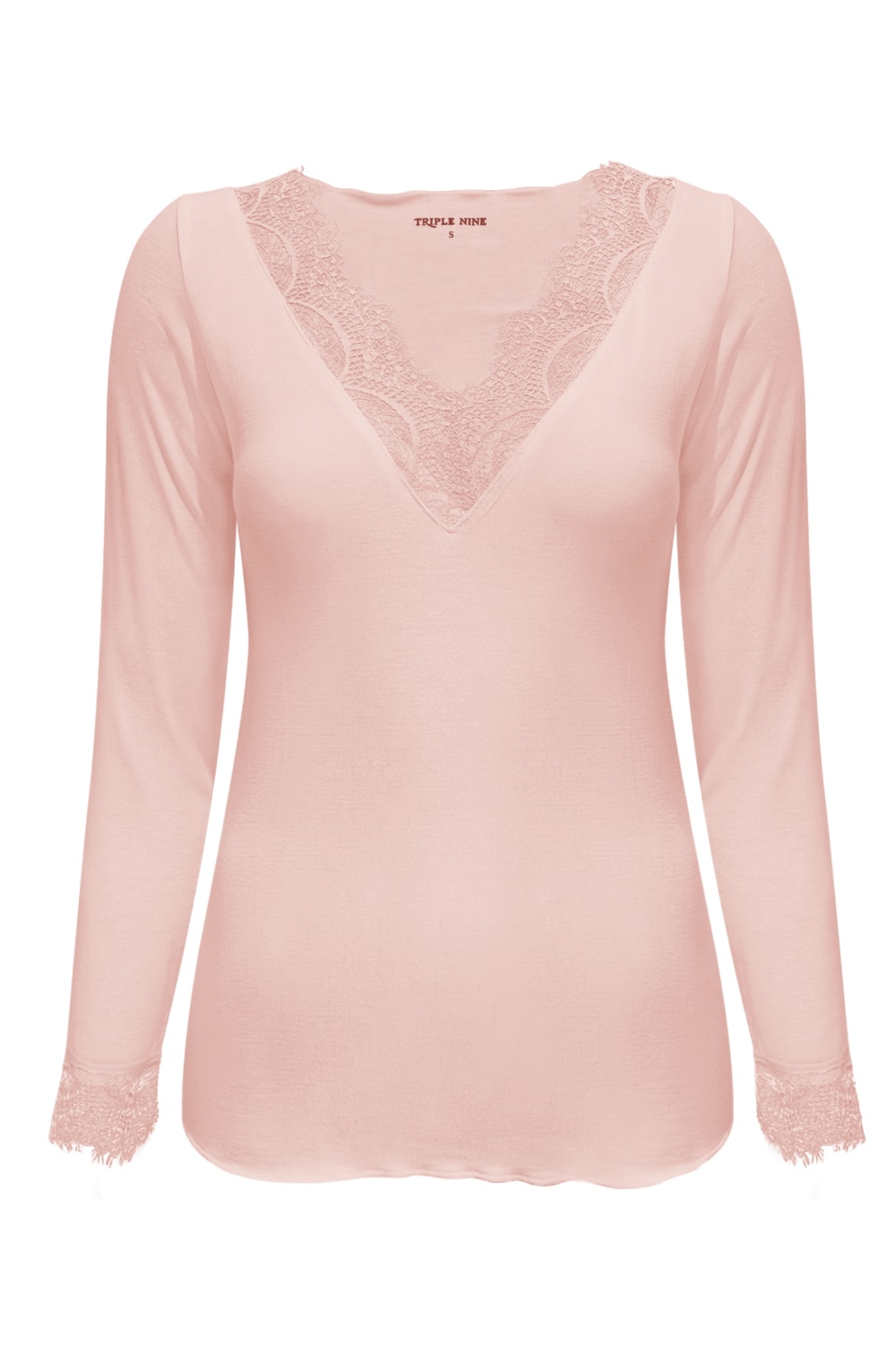 Triple Nine TR9003 Top Cashmere met Kanten V-hals Powder Pink - voorkant