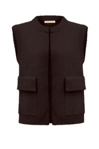 Triple Nine TR9001 fluffy gilet donkerbruin voorkant met ronde hals en klepzakken